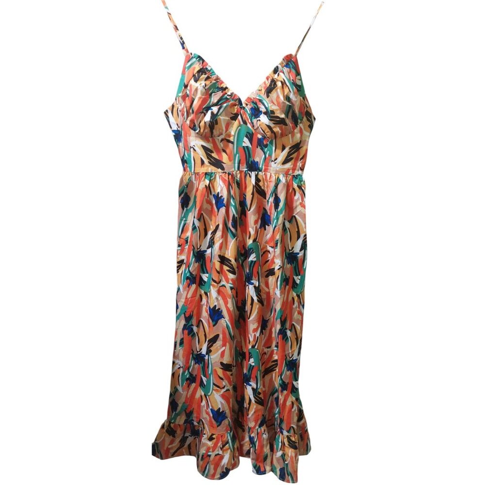 NWT Commense Multi Color Midi Dress W/ Adj. Spaghetti Straps~Ruffled Hem~Medium - Picture 4 of 8